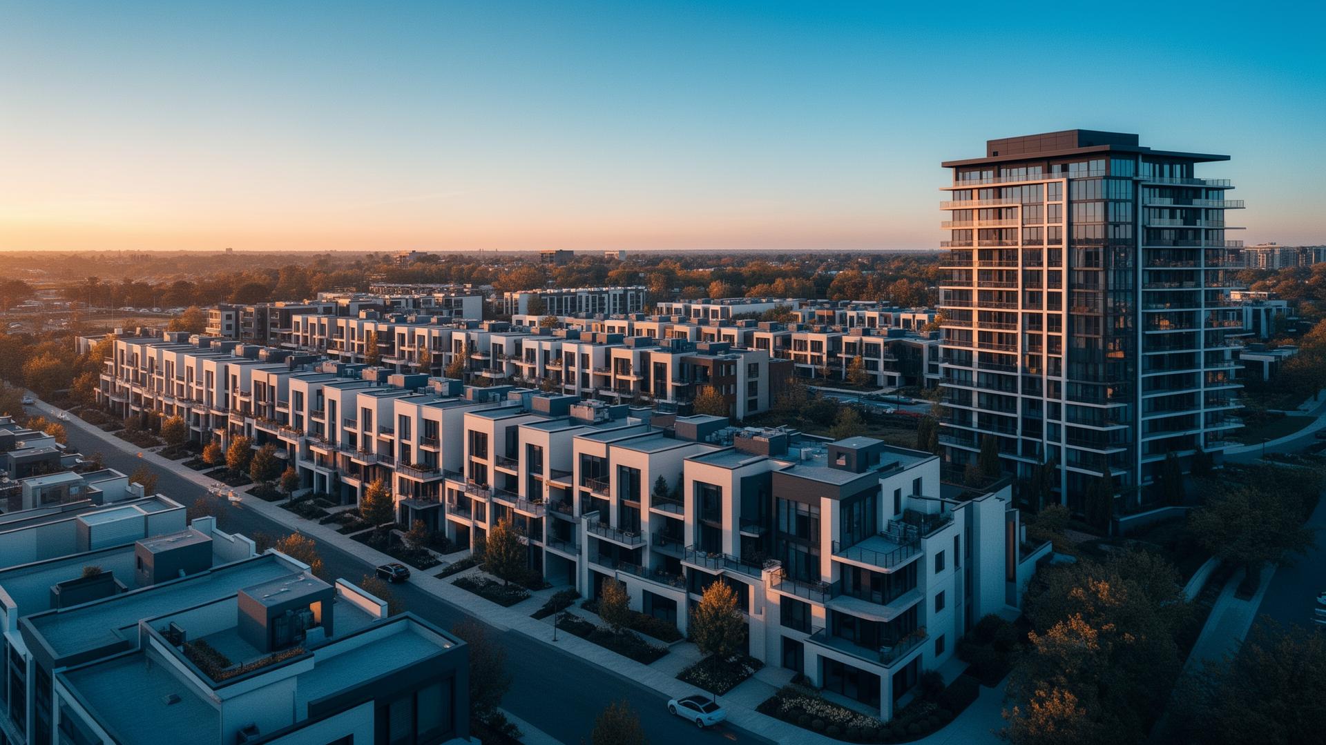 Modern residential properties at golden hour